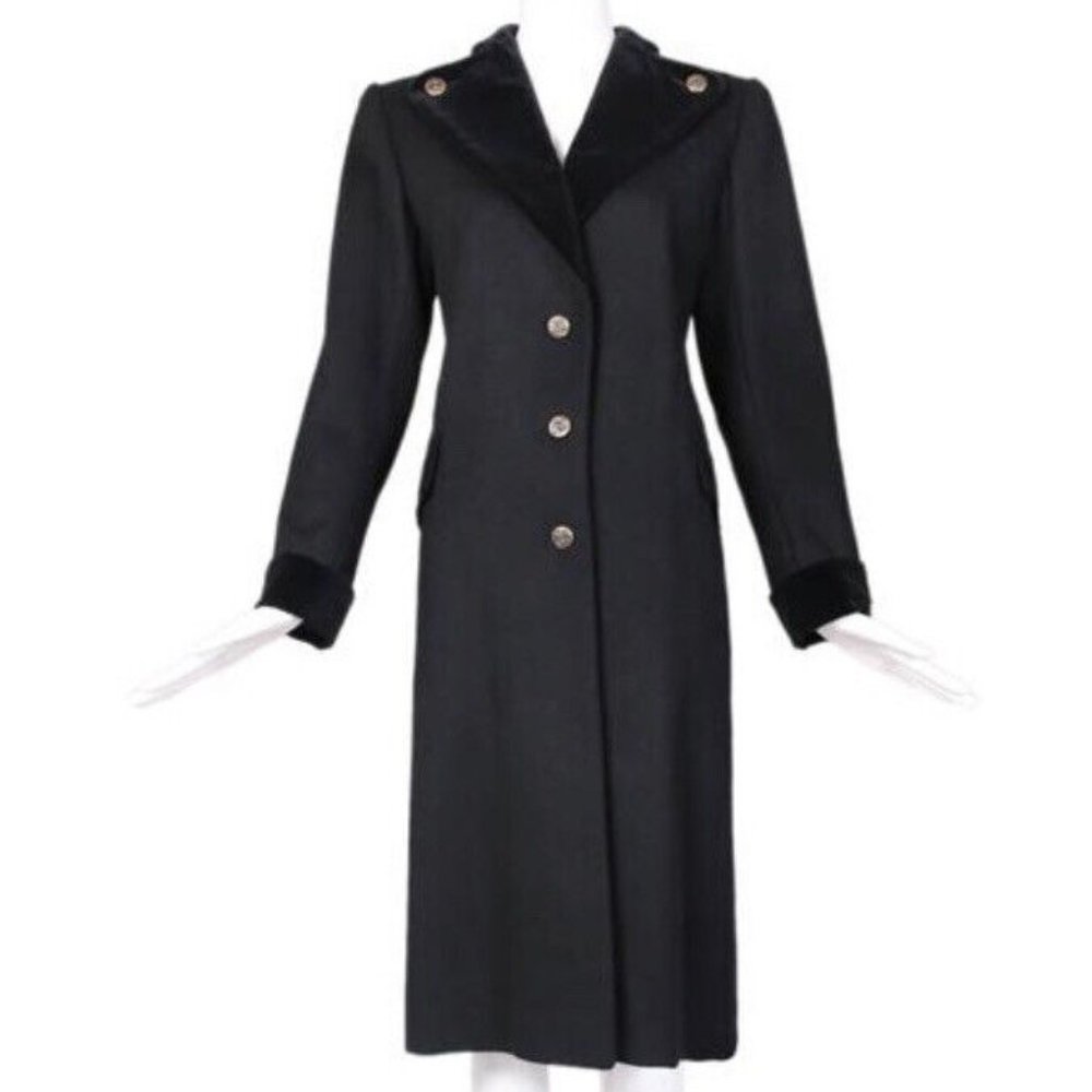 Saint Laurent YSL Melton Wool & Velvet Coat Gold Buttons Military Style 70s 80s